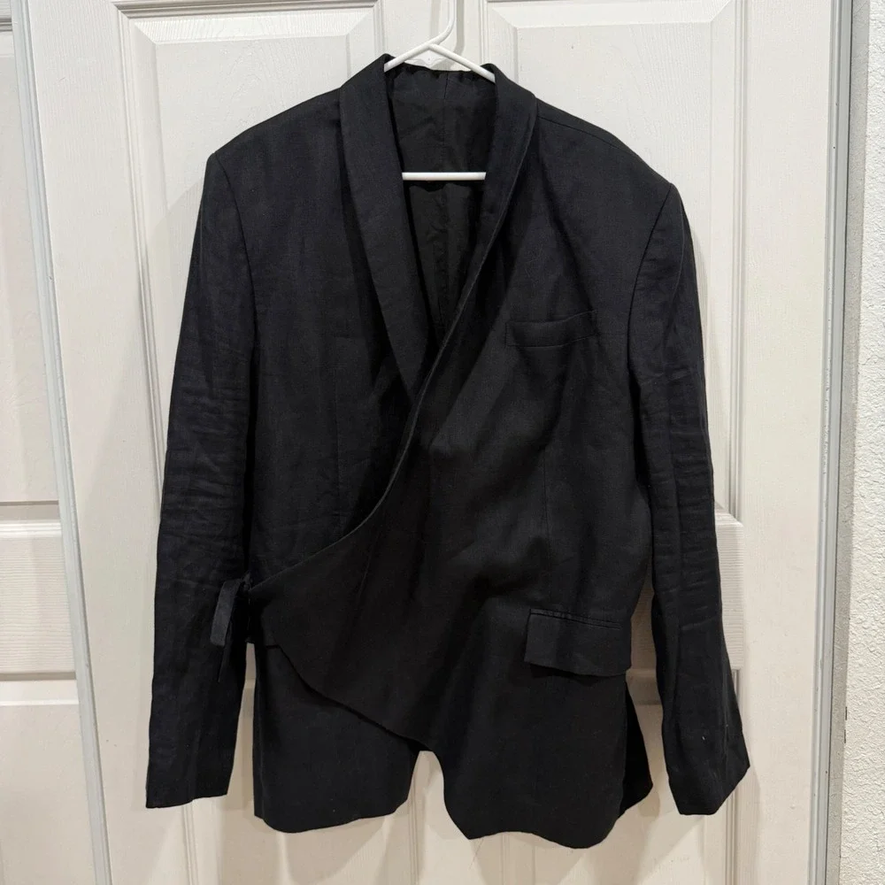 Skingraft Black 100% Linen Asymmetric Wrap Blazer Jacket XL Shawl Collar Tie